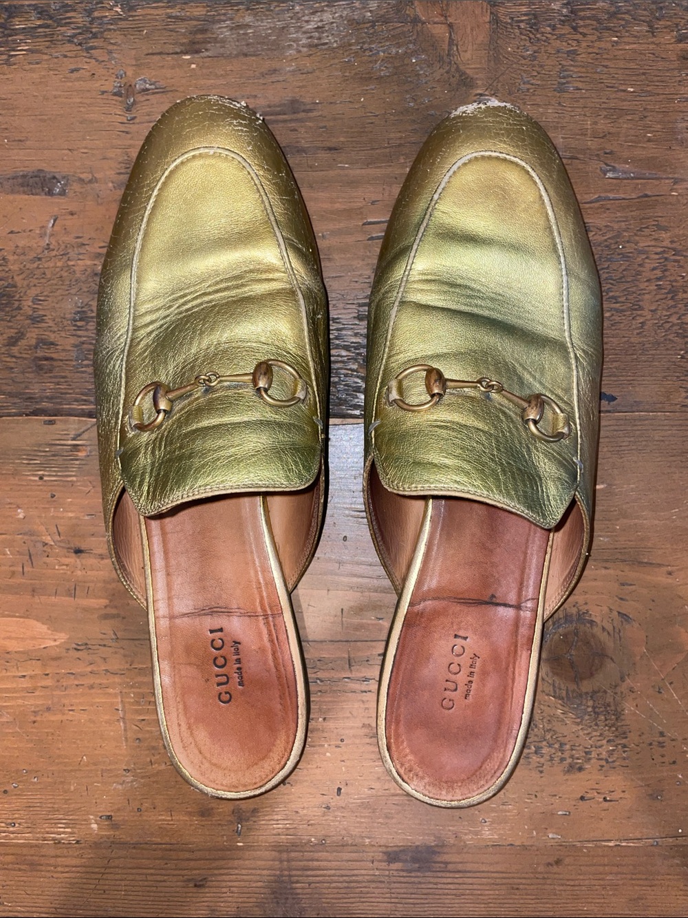 Gucci Metallic Gold Leather Slip-On Horsebit Mules